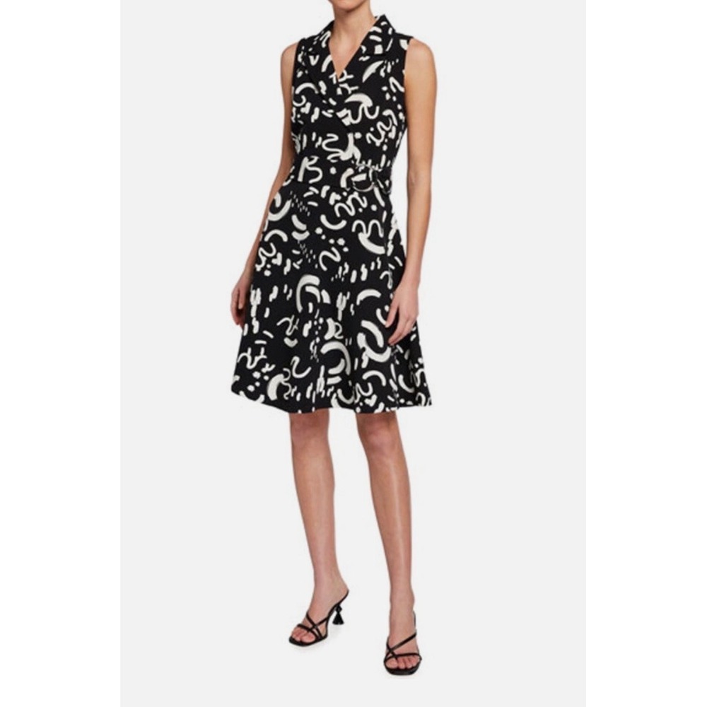 T Tahari Black White Abstract Belted Fit Flare Dress 12 Sleeveless preppy retro